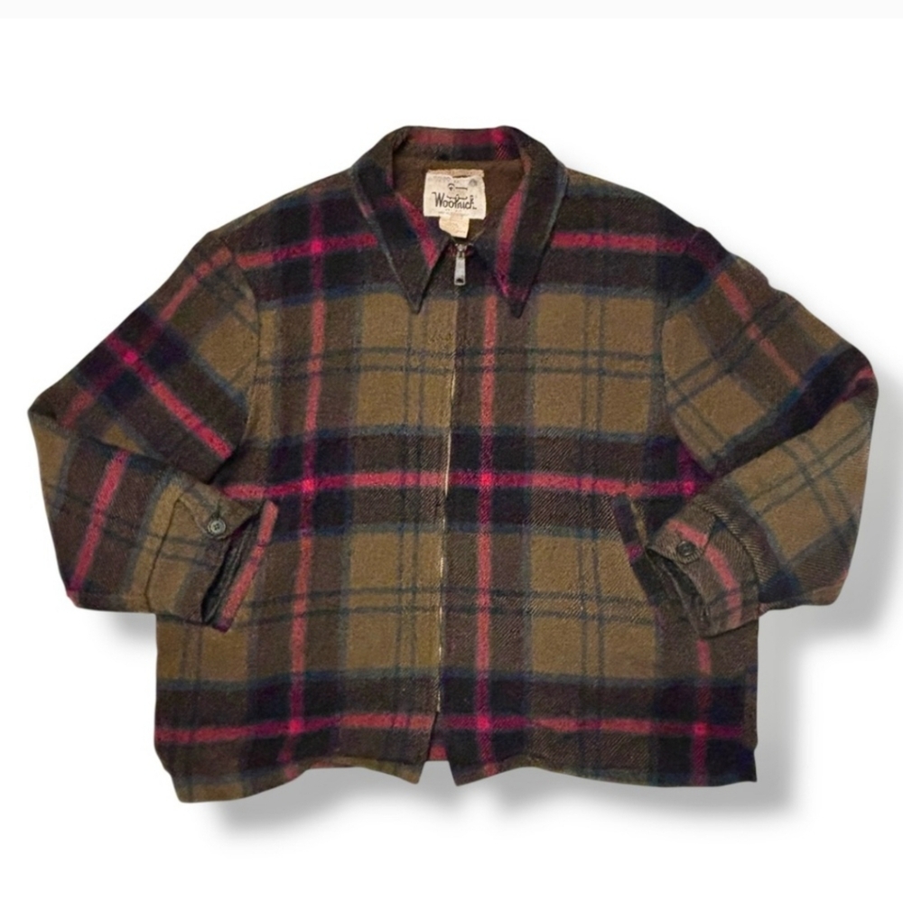 WOOLRICH Green Plaid Wool Field Cruiser Zip Front Jacket Rare Color VINTAGE